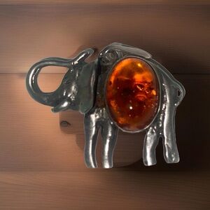 Vintage 925 Sterling Silver Genuine Baltic Amber Elephant  Pendant Lucky Animal